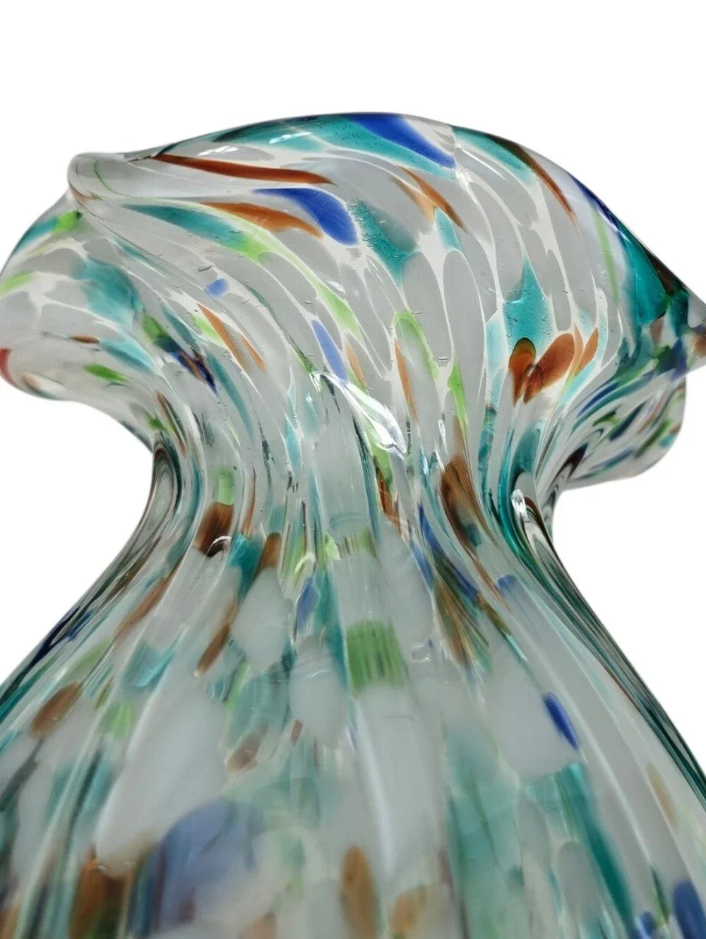 Hand Blown Art Glass Vase Ruffled Rim Confetti Frit Aqua Blue White 7.5